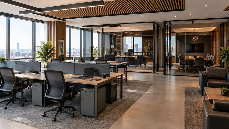 Teknik Ofis tarafından döşenmiş kurumsal açık ofis ve yönetici alanı